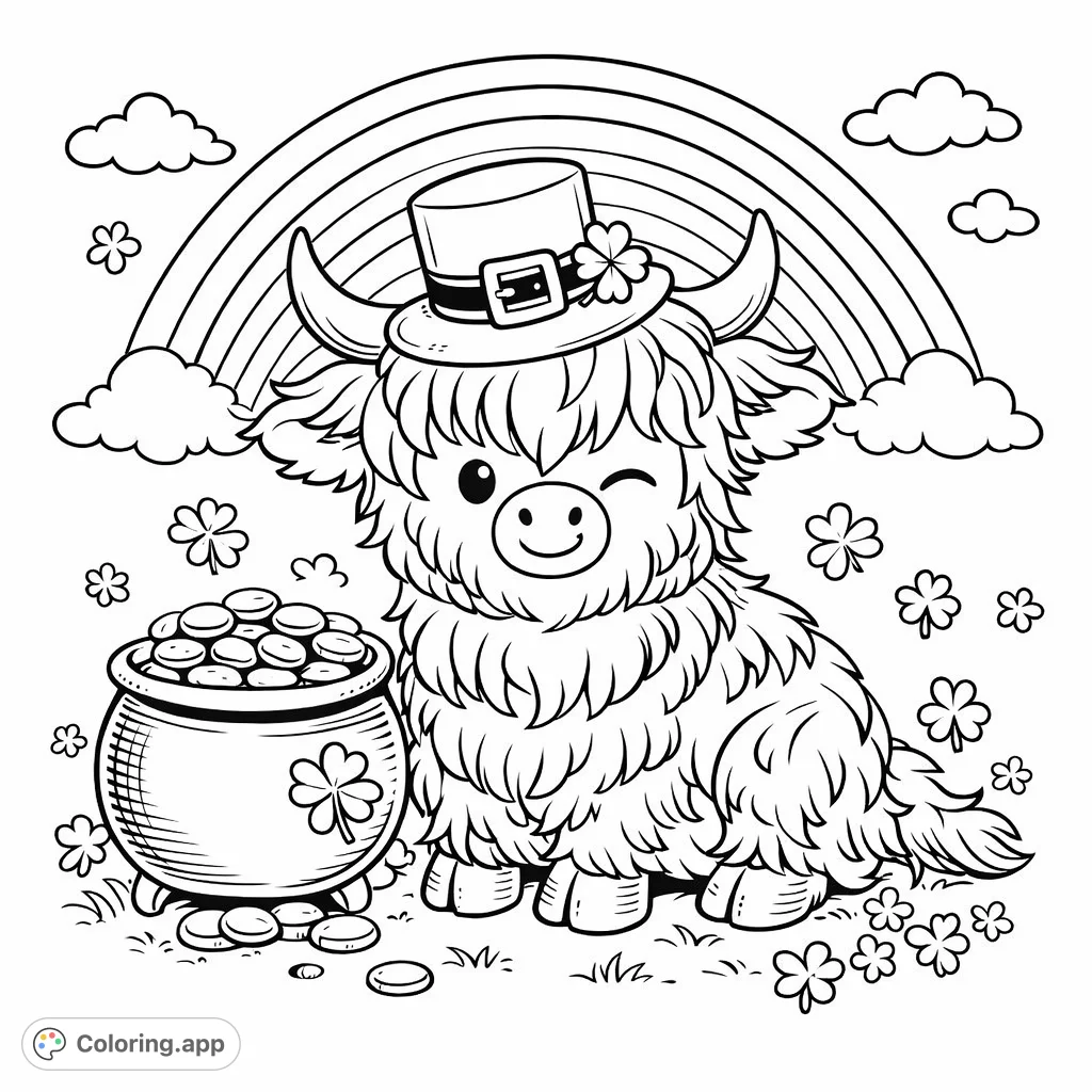 A charming fluffy calf in a top hat sits beside a pot of gold and clovers, beneath a rainbow. A delightful St.