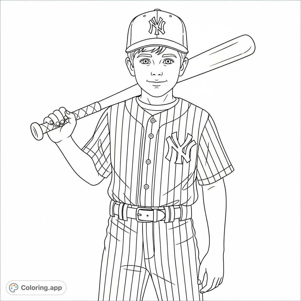A young boy proudly displays his Yankees uniform, complete with a classic cap, pinstriped jersey, and a baseball bat. Perfect for sports fans!