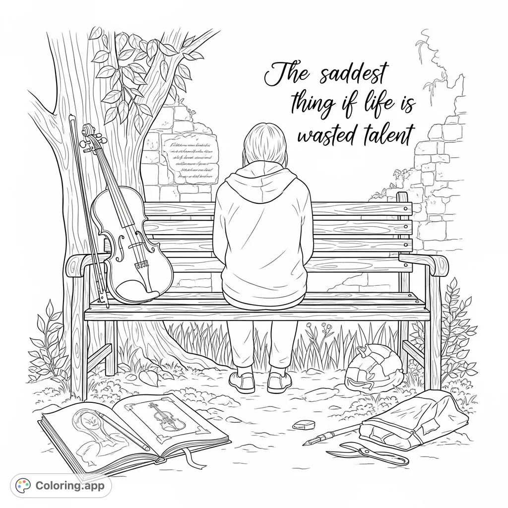 Contemplate the profound meaning of 'wasted talent' with this philosophical coloring page. Features a pensive figure surrounded by dormant creative symbols.