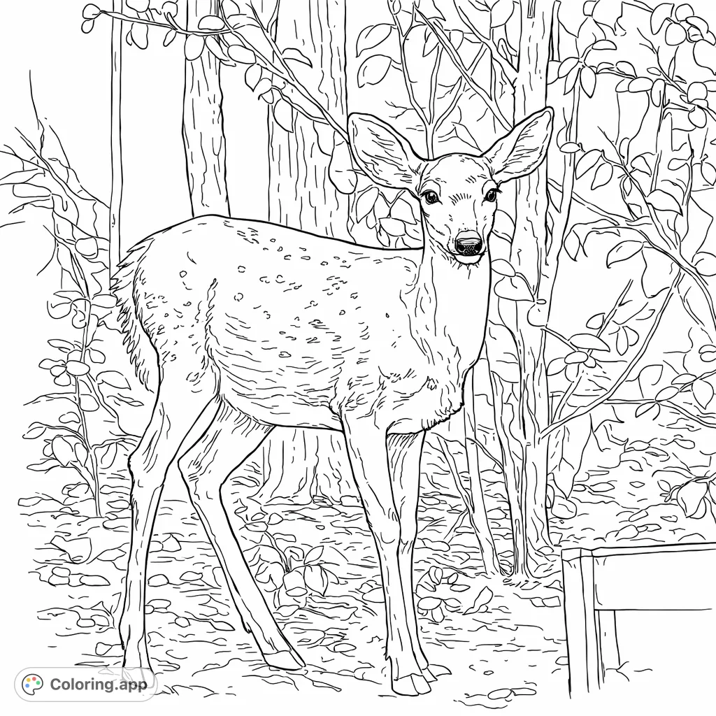 A serene forest scene featuring a graceful young deer with large ears and a spotted coat, standing attentively amidst trees and foliage. A charming nature coloring page.