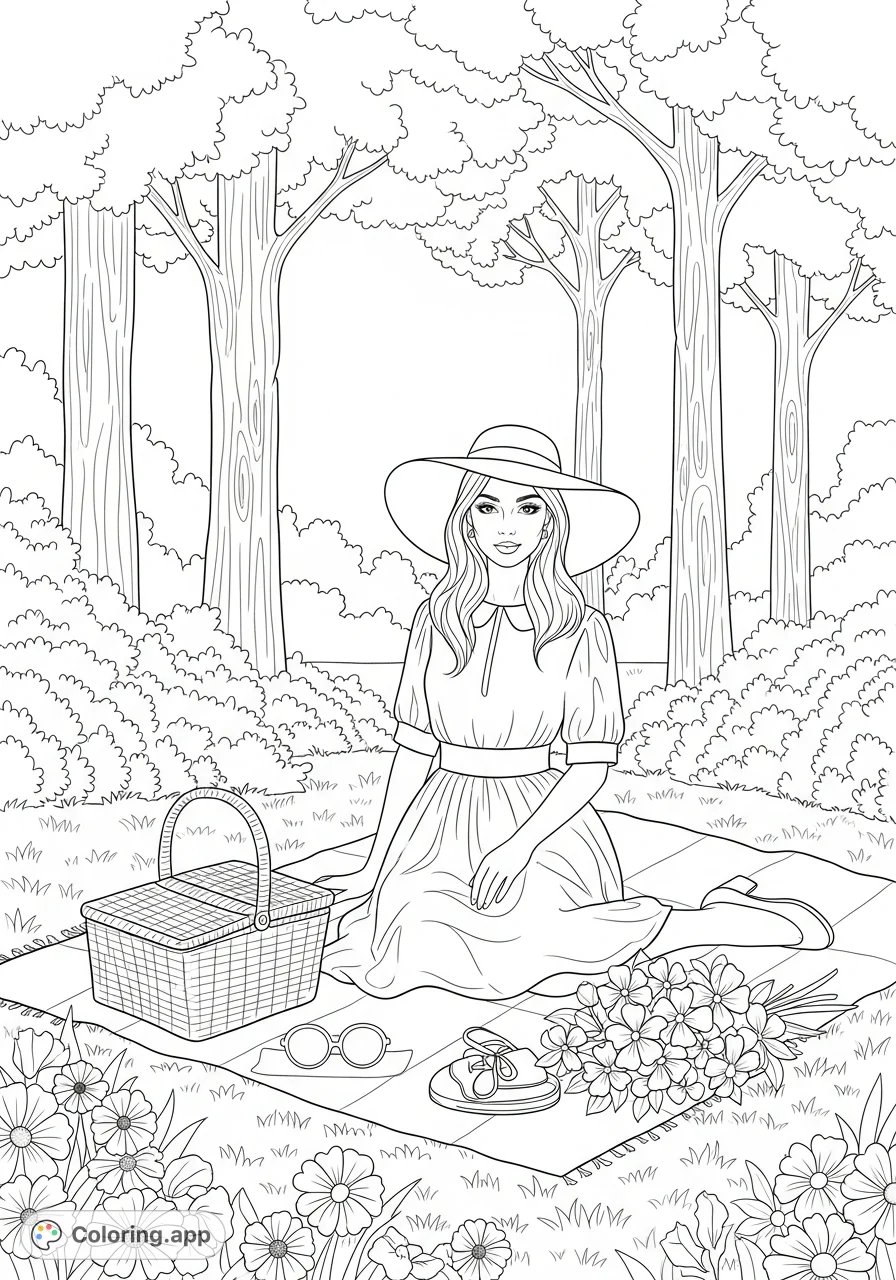 Discover a charming fashionable girl coloring page, perfect for a relaxing creative session. Features a girl on a picnic with basket and flowers.