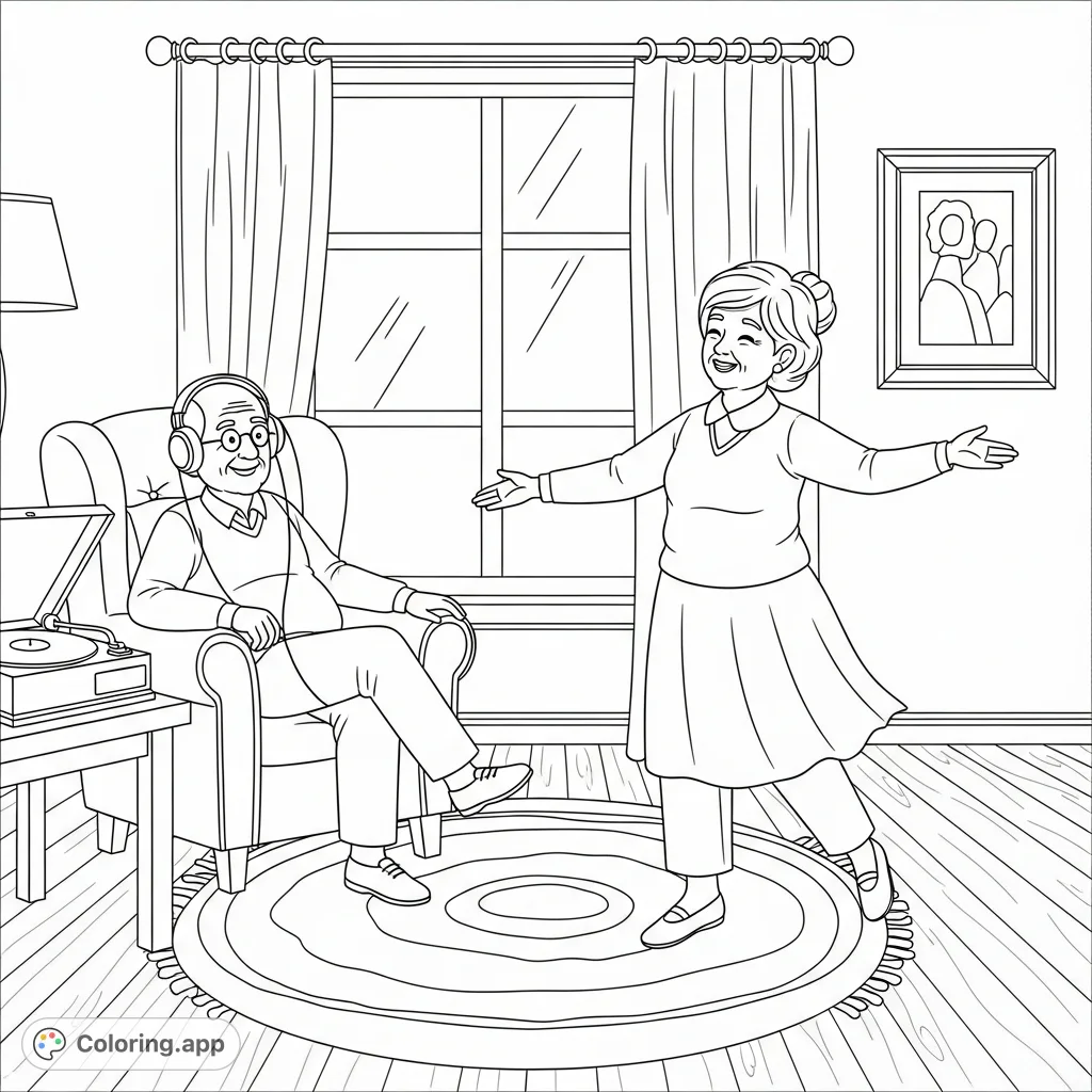Capture the joy of a grandparent couple listening to music and dancing in a cozy living room. A heartwarming family coloring page.