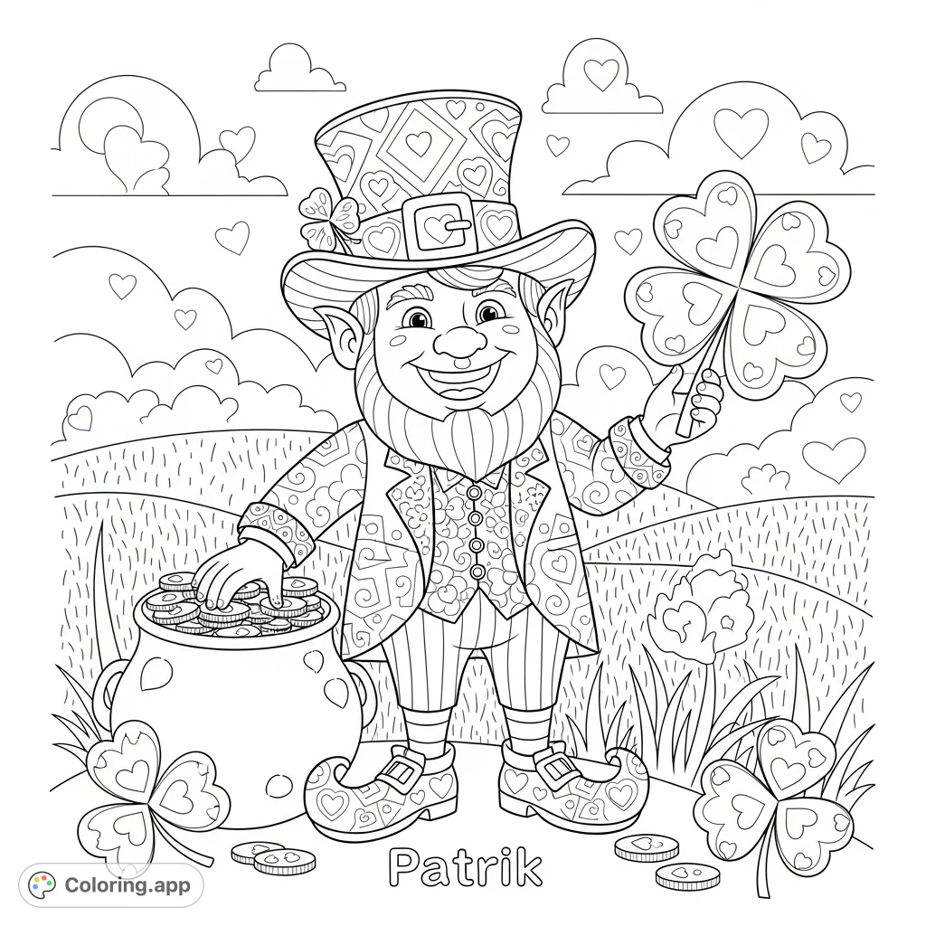 Discover a cheerful Patrik the leprechaun with a pot of gold and four-leaf clovers! A delightful free printable nameday Patrik luck coloring page for all ages.