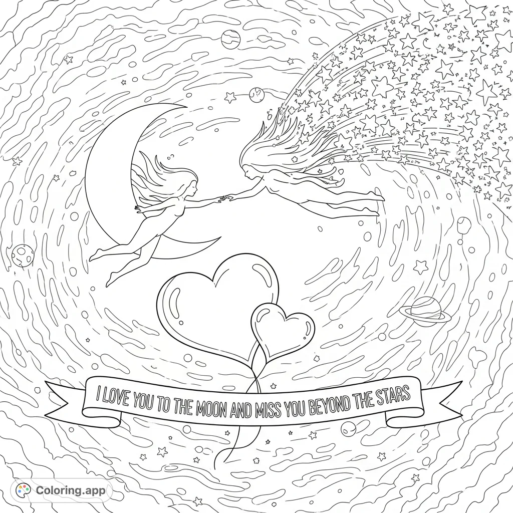 A breathtaking cosmic scene unfolds with entwined celestial beings, a crescent moon, a comet of stars, and a heartwarming message on a ribbon.