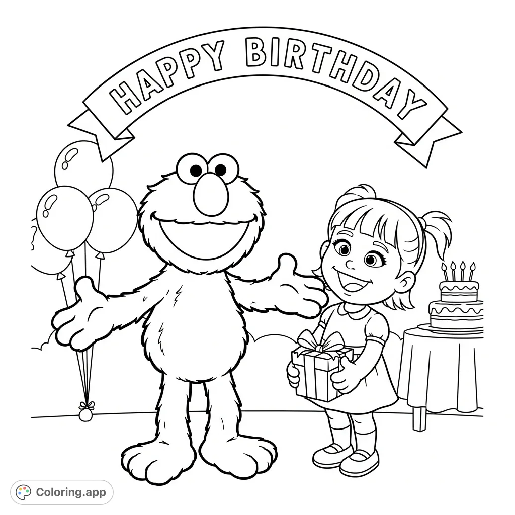 Elmo beams, wishing MALAYA "Happy Birthday" beside a festive cake and balloons. A joyous Elmo coloring page perfect for celebrations.