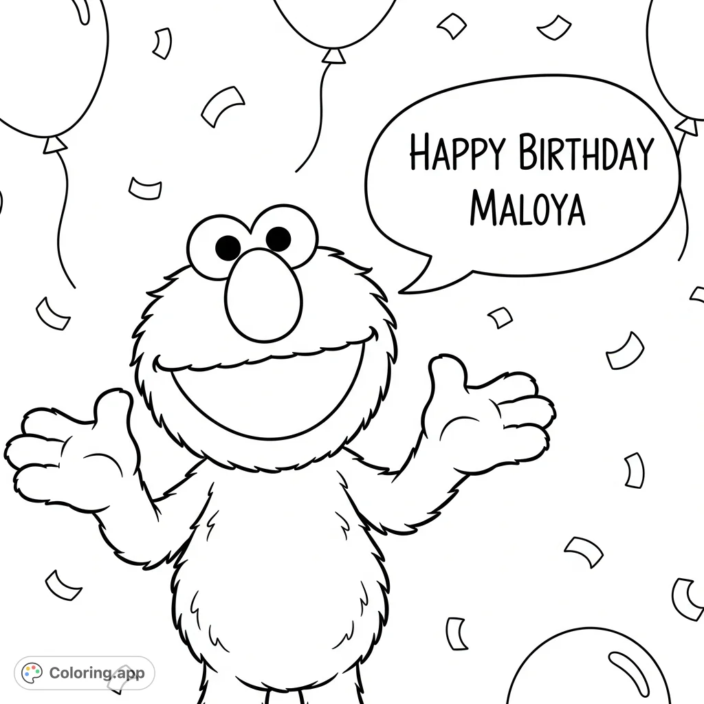 A delightful Elmo coloring page featuring Elmo with a warm smile, holding a speech bubble that says "Happy Birthday Malaya", surrounded by festive shapes.