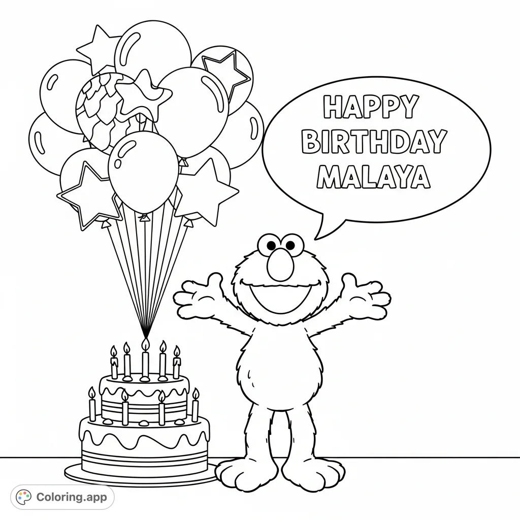 Elmo beams, holding a cake, with a speech bubble wishing "Happy Birthday Malaya" in a festive party scene with balloons. A joyful Elmo coloring page.