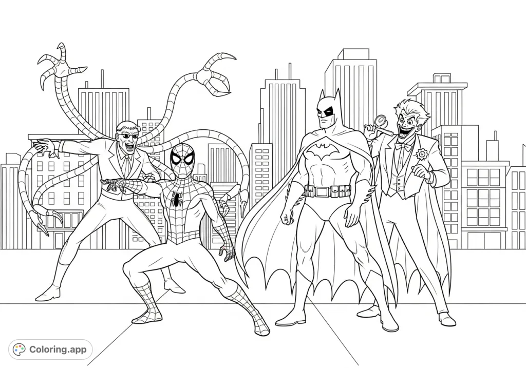 Join Spidey and Batman facing the Joker and Dr Octopus amidst a bustling city skyline. A fun, free printable superhero coloring page for kids!