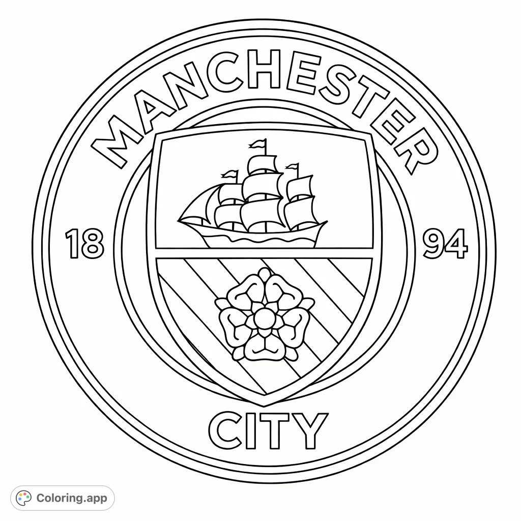 Detailed Manchester City FC crest coloring page featuring the iconic ship, rose, and club text within a classic circular design, perfect for fans.