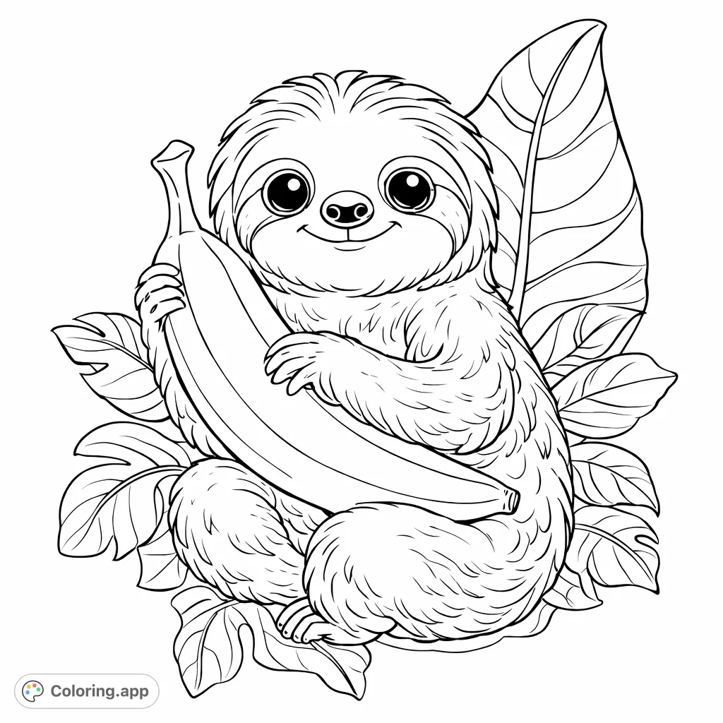 A delightful sloth holding a banana, surrounded by tropical leaves. This cute design offers a relaxing and fun coloring experience for all ages.