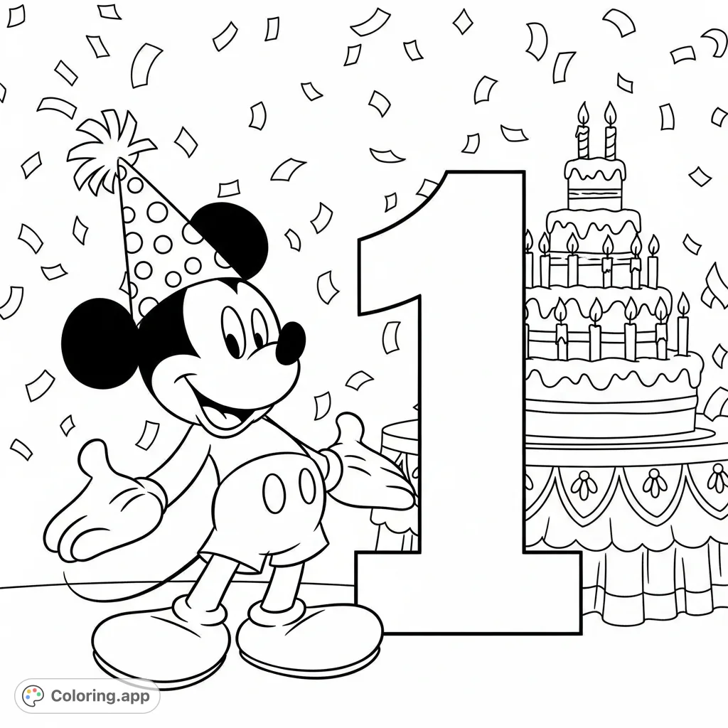 Celebrate with Mickey Mouse! A joyful Mickey in a party hat next to a big '1', with a festive cake and confetti.