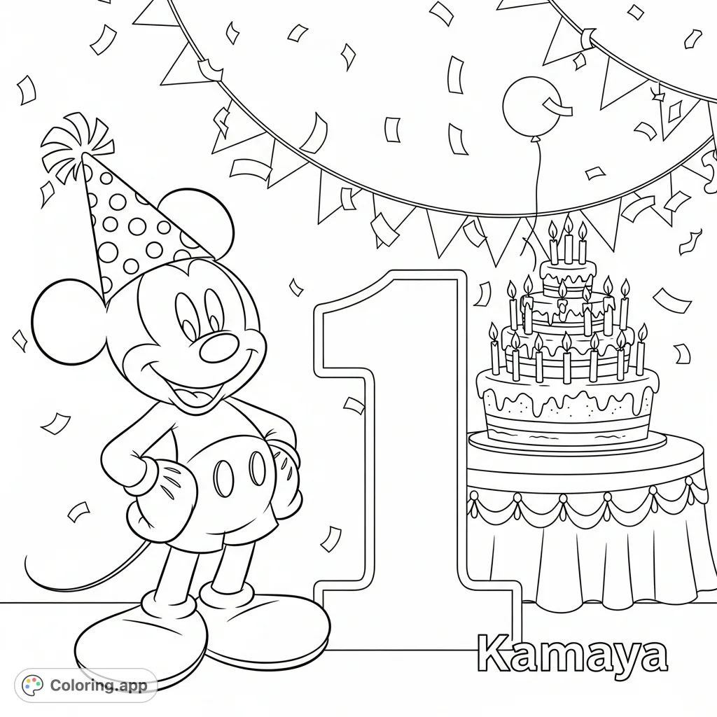 Join Mickey Mouse in a joyful birthday scene! He wears a party hat next to a big '1', with a tiered cake and confetti.