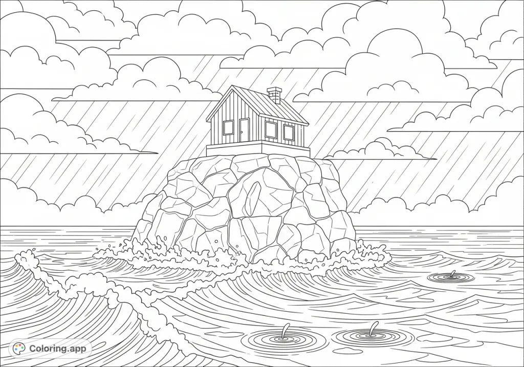 A resilient house atop a rock foundation withstands crashing waves and falling rain under a cloudy sky. Perfect for a dramatic, atmospheric coloring experience.