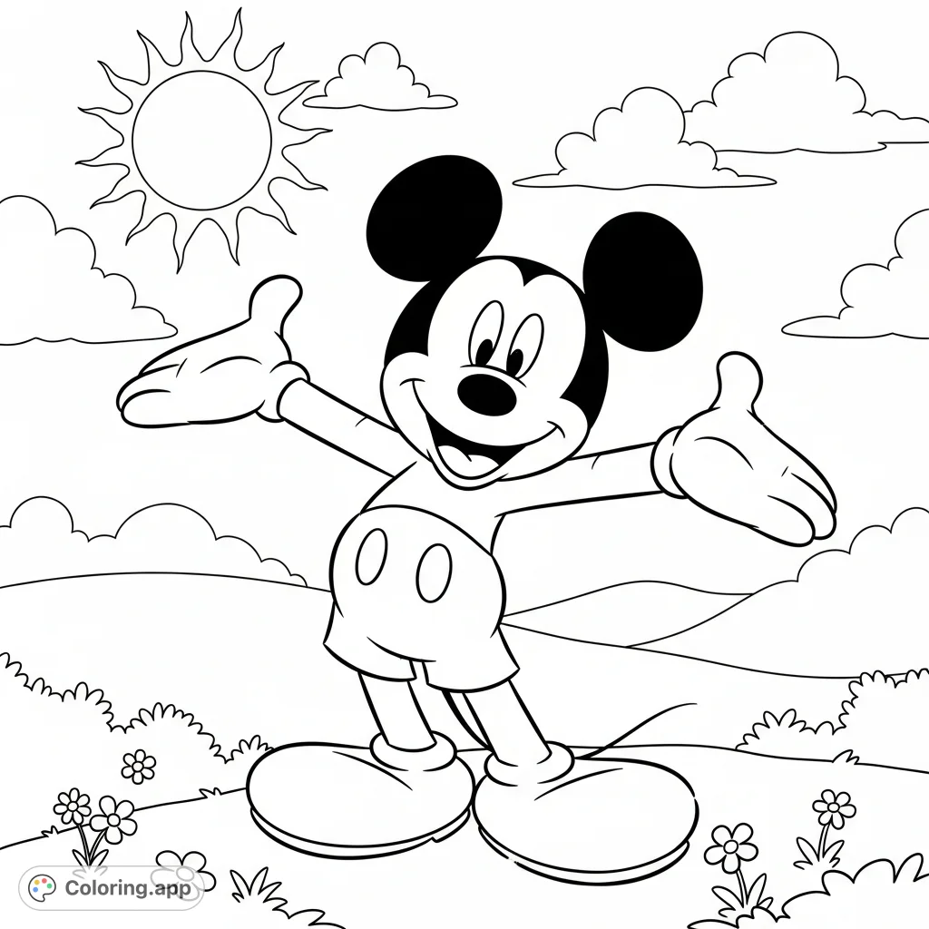 A cheerful Mickey Mouse welcomes you with open arms and a wide smile amidst a whimsical landscape. Perfect for fans of all ages to bring to life with color.