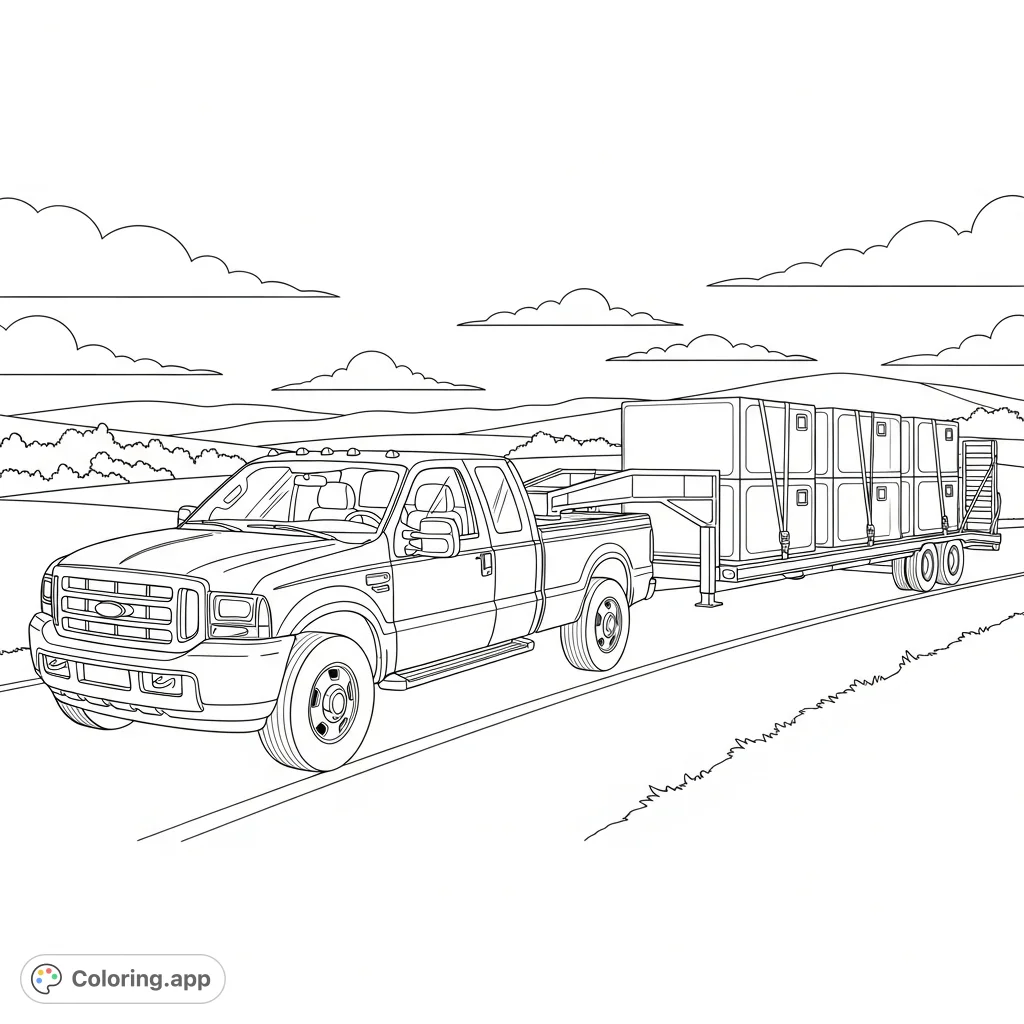 An imposing Ford truck pulls a sturdy flatbed trailer carrying cargo. A detailed scene perfect for enthusiasts to color, highlighting rugged automotive design.