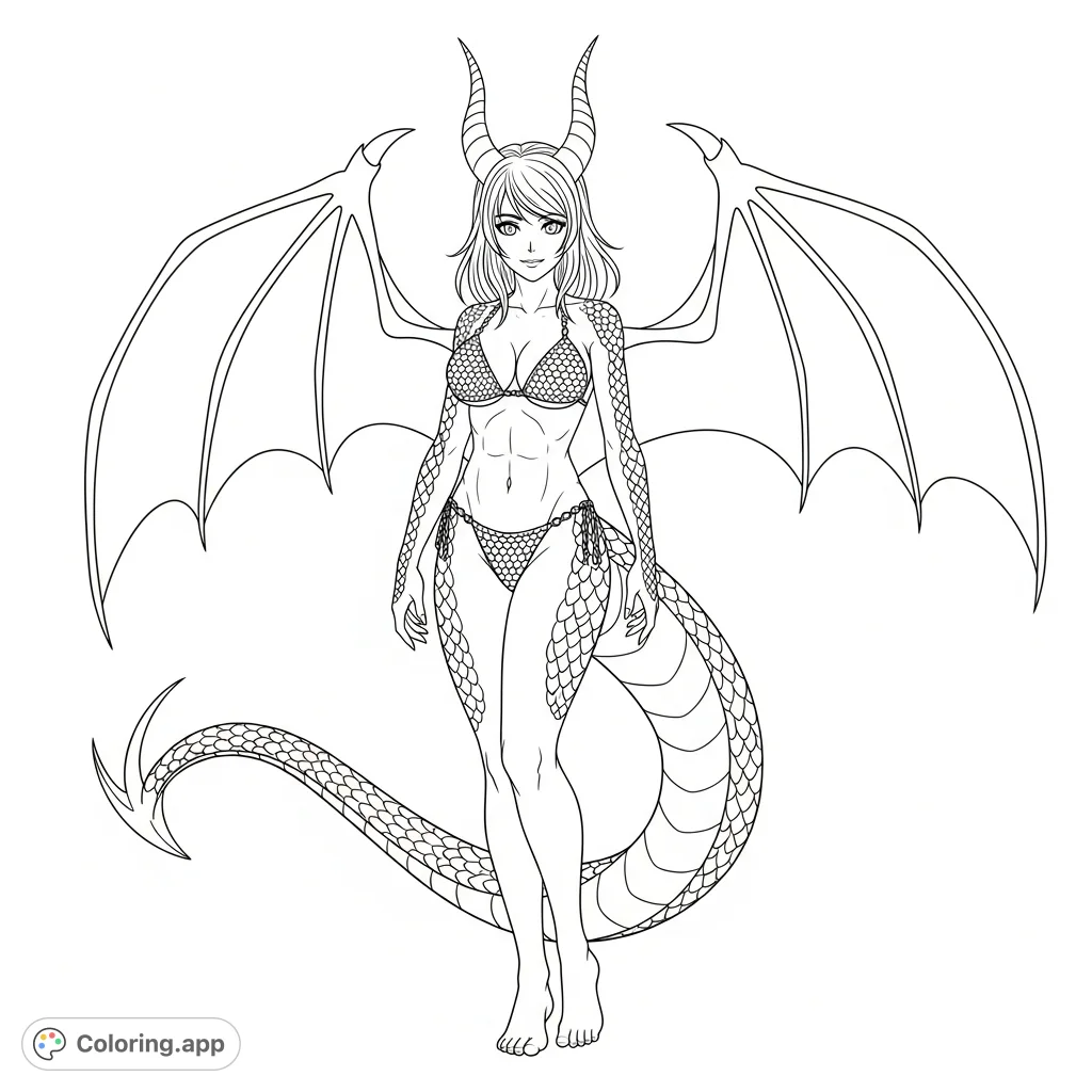 Discover a stunning anime dragon girl with a confident, alluring pose, featuring intricate scales, expansive wings, and a detailed chainmail bikini.
