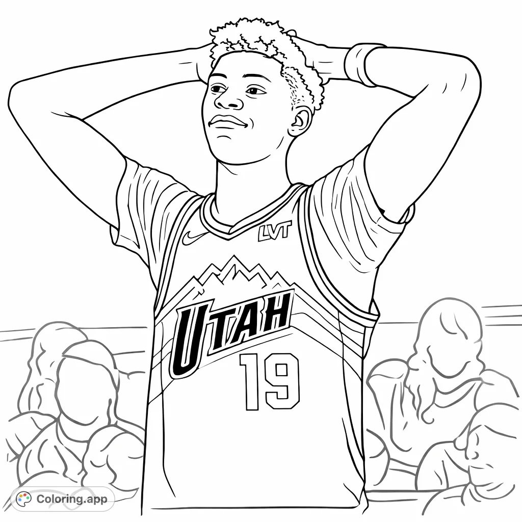 Young basketball player in a jersey, hands on head, deep in thought. A dynamic sports moment captured for your creative coloring.