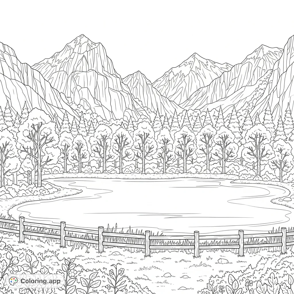 Discover a serene country clearing with a crescent lake, framed by dense trees and majestic snow-capped mountains. A rustic fence adds charm.