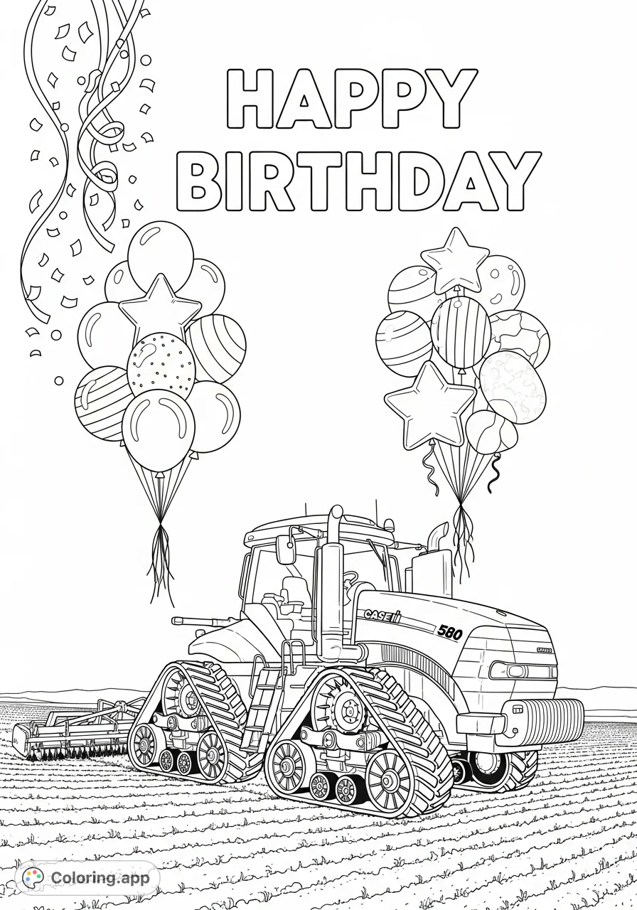 Celebrate with a detailed Case IH 580 Quadtrac tractor amidst festive 'Happy Birthday' text, balloons, confetti, and a tilled field. A unique farm celebration!