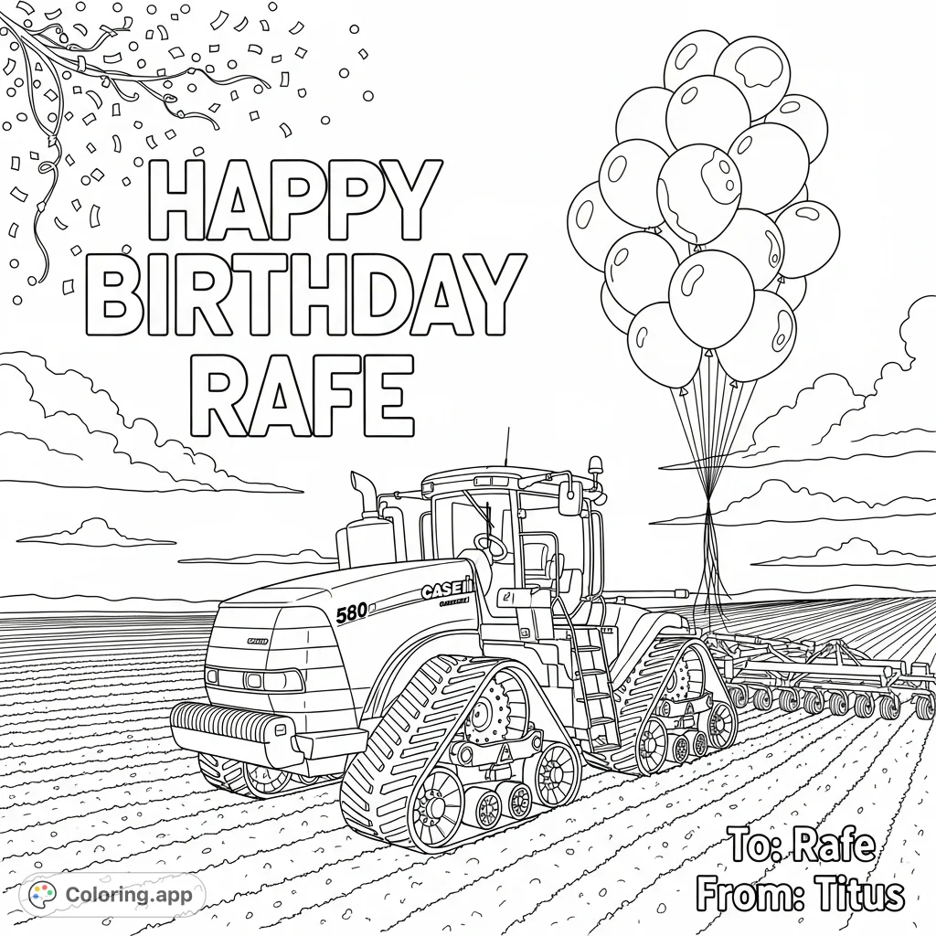 Celebrate with a powerful Case IH 580 Quadtrac tractor driving through a tilled field, surrounded by festive balloons and confetti. Perfect for Rafe!