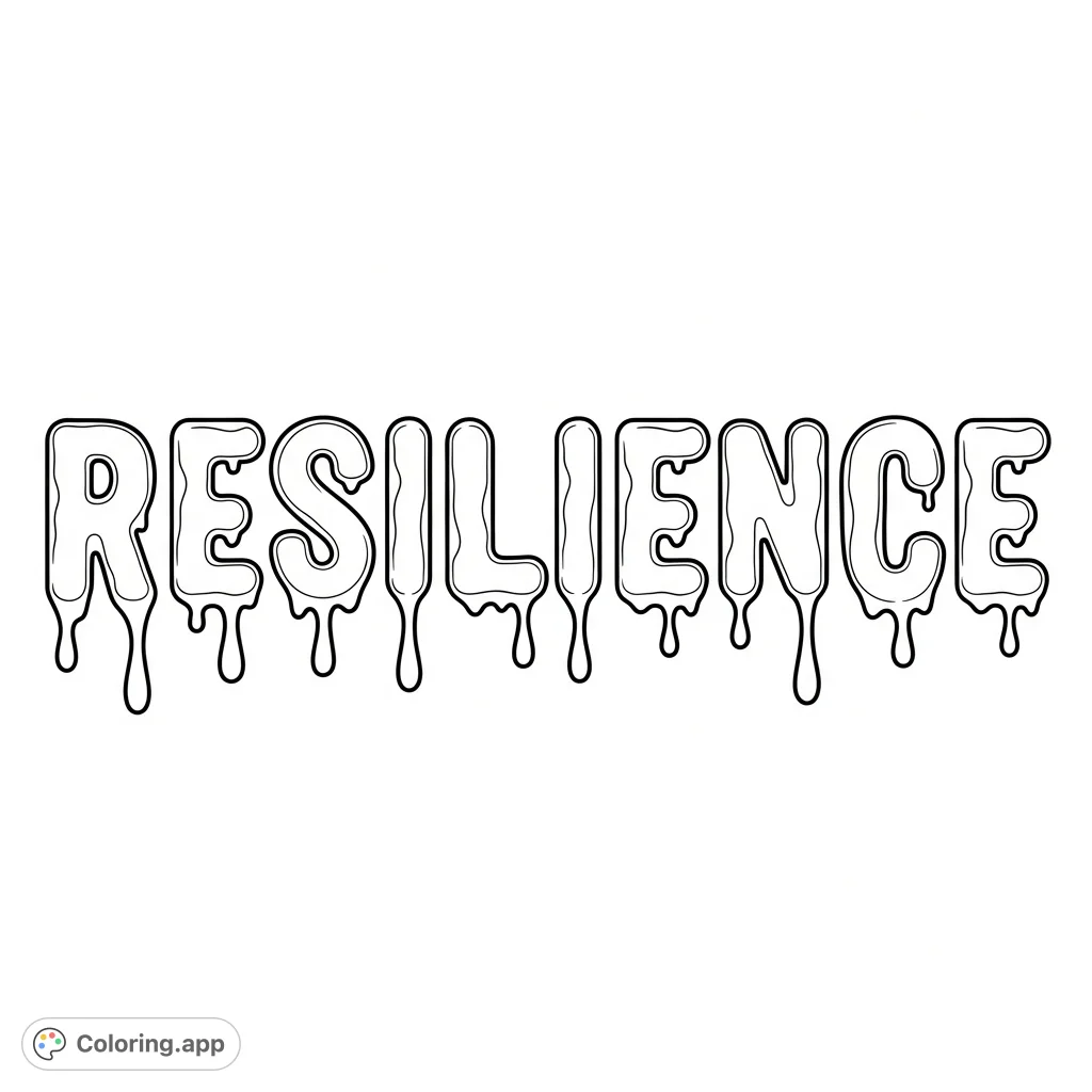 A unique resilience coloring page featuring the word "RESILIENCE" in a dynamic drip letter font, offering creative expression and mindful coloring for all ages.