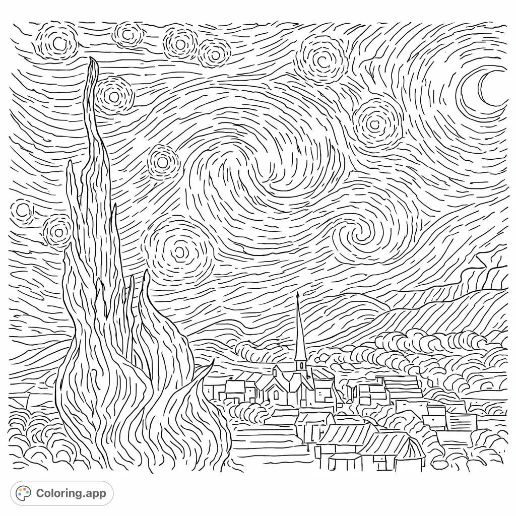 Color a famous swirling night sky with a majestic cypress tree, a crescent moon, and a peaceful village nestled among hills. An iconic artistic landscape.