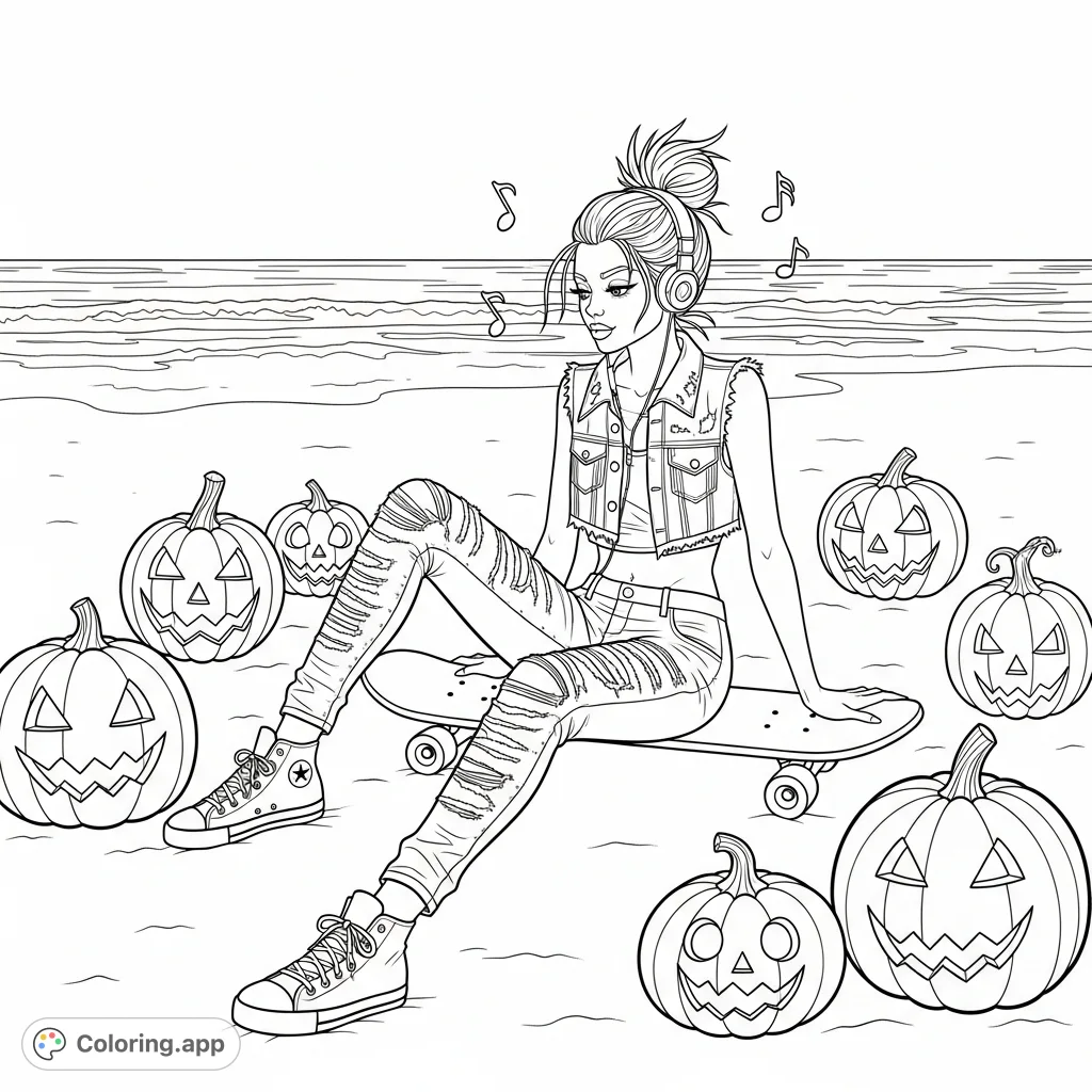 Color an Emo punk young woman with a spiky top knot, ripped jeans, and Converse sneakers, sitting on a skateboard on a Halloween pumpkin-strewn sand beach.