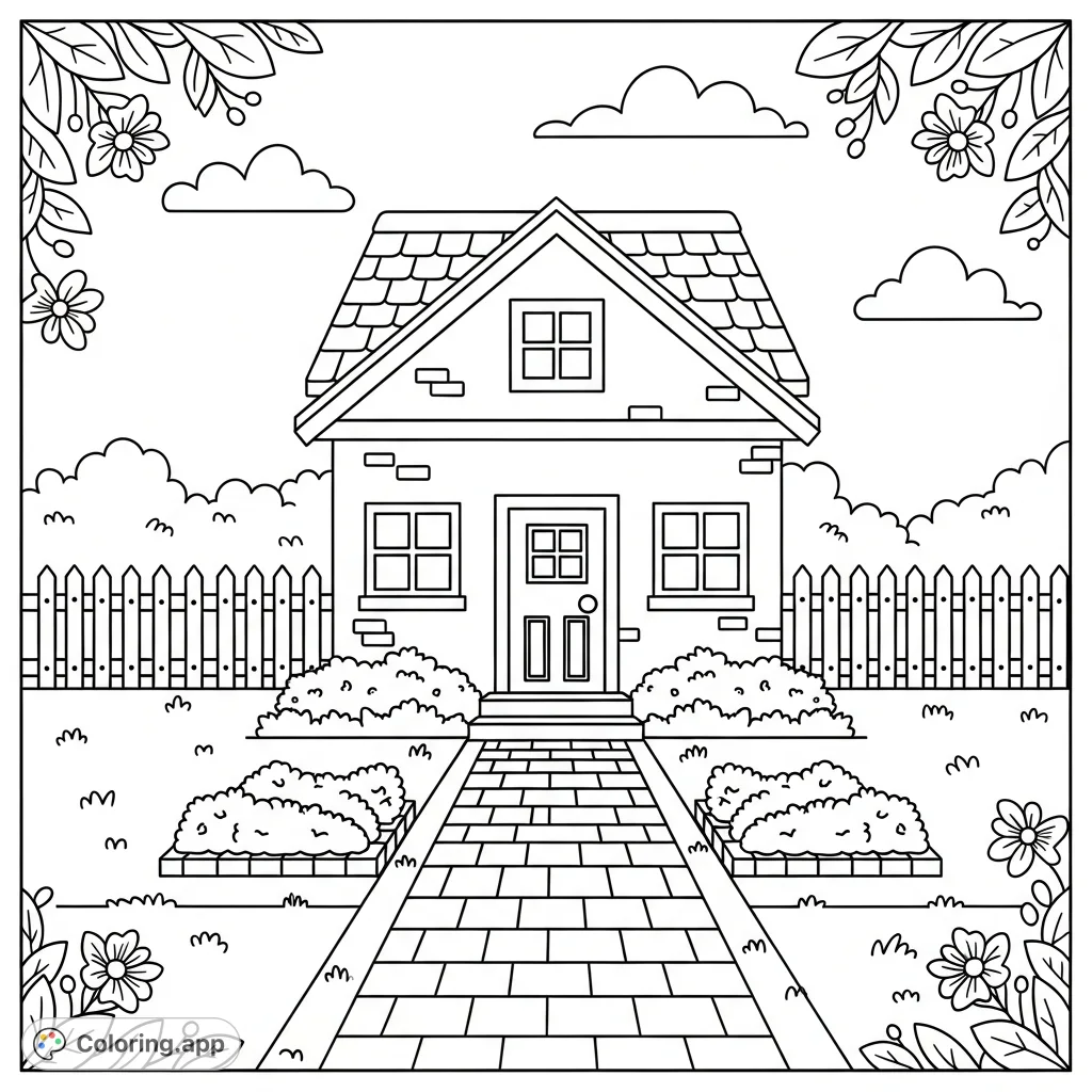 A charming, simple house coloring page, perfect for adding your unique touch. Features a house, pathway, flower beds, and a picket fence.
