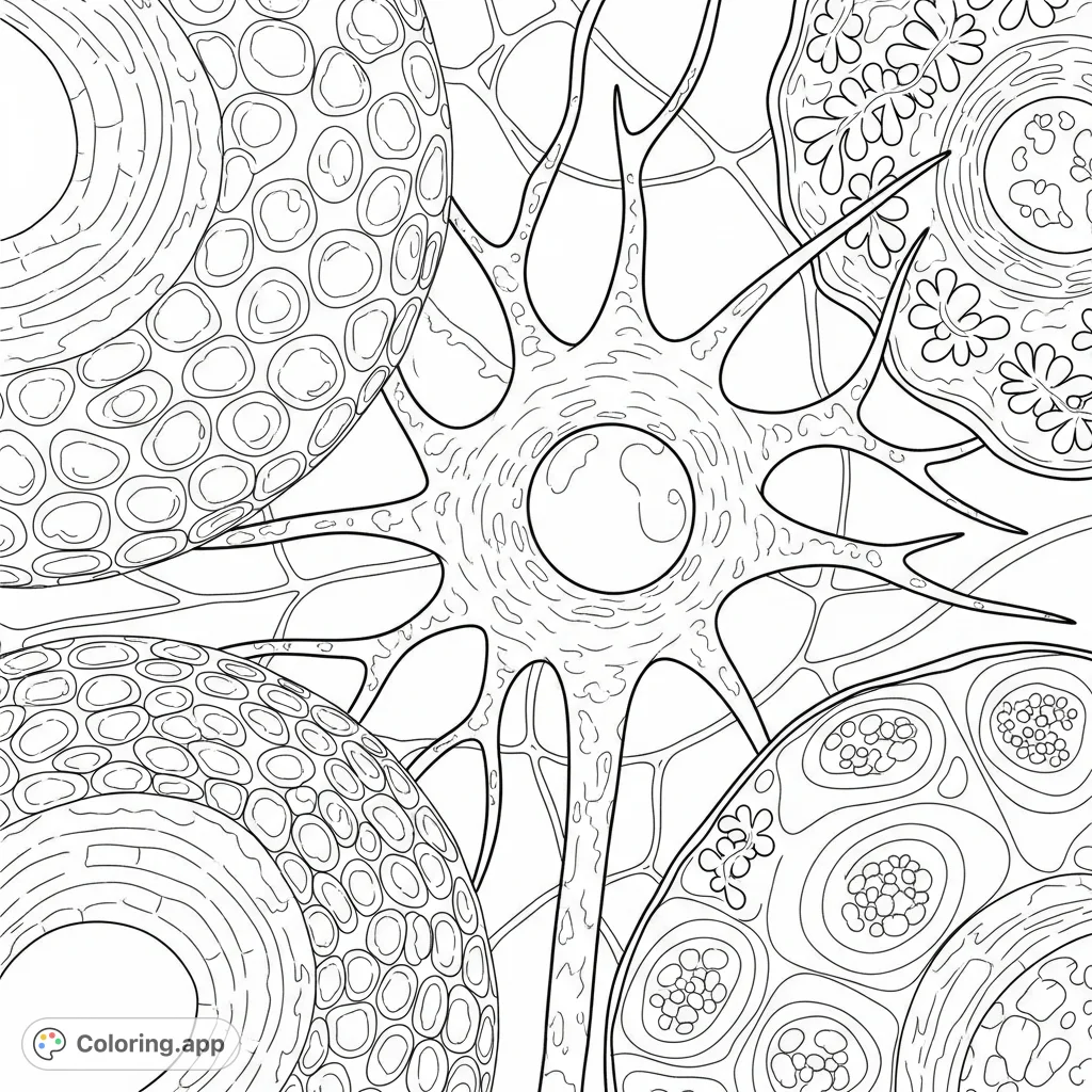 Explore an intricate cellular components coloring page featuring a neuron, bone cells, and glandular cells with fine details and a web of fibers. A detailed scientific journey.