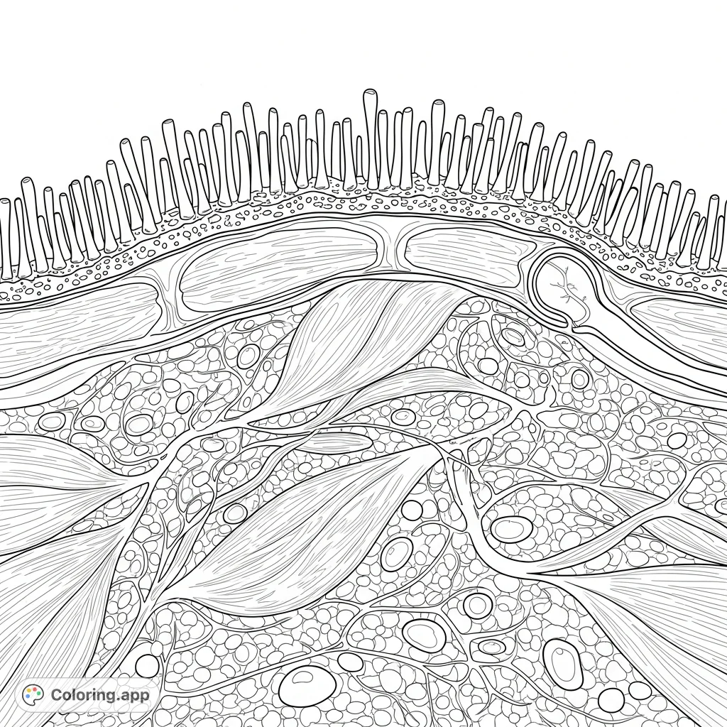 Explore the microscopic world with this intricate tissue cross-section featuring epithelial cells, muscle fibers, and connective tissue. Perfect for learning and relaxation.