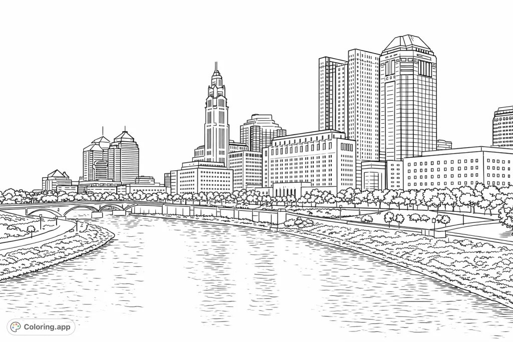 Explore a detailed urban cityscape with a prominent river, striking architecture, and lush riverbanks. A complex and engaging coloring experience for enthusiasts.