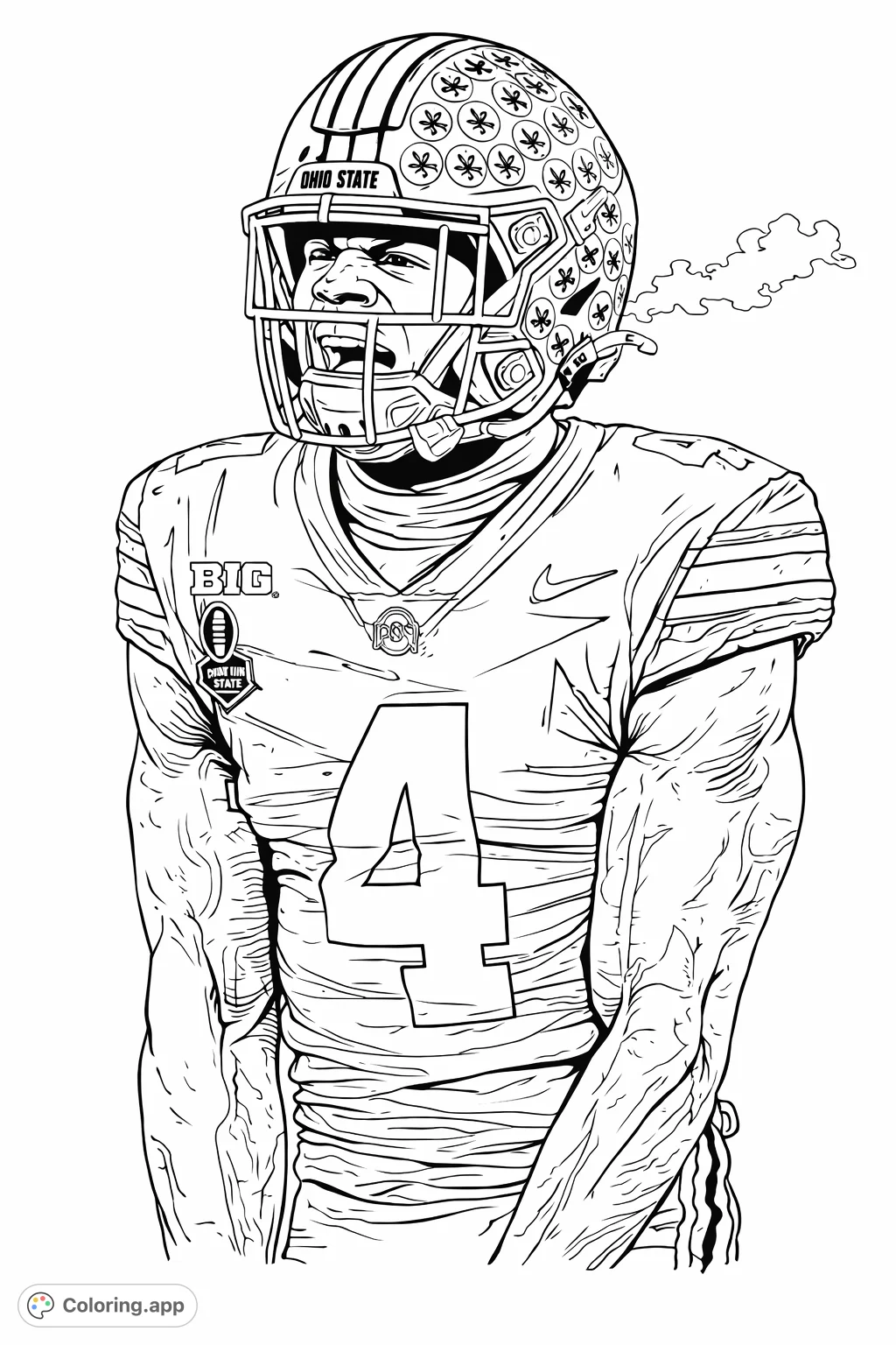 Dynamic football player in a detailed helmet and jersey with number 4. Capture the intensity of game day with this intricate sports coloring page.