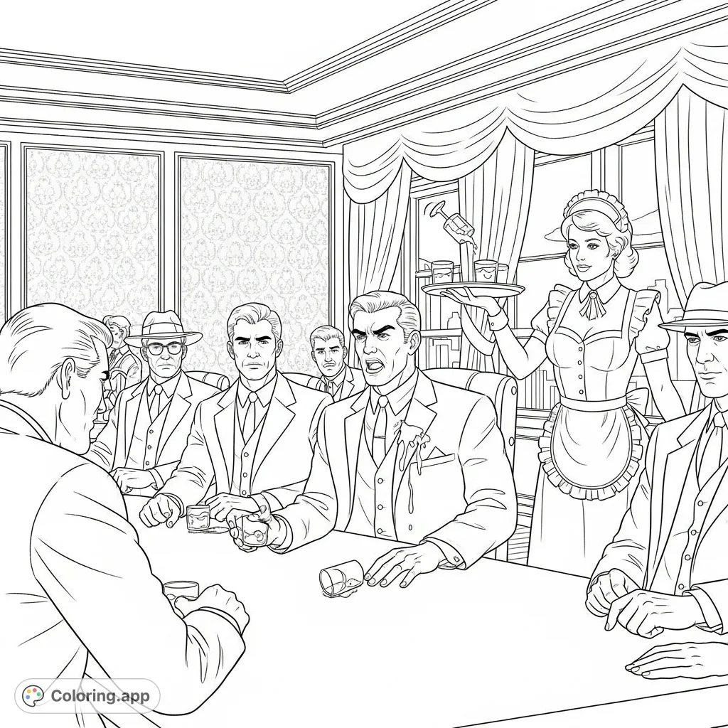 Experience a dramatic 1960s mobster meeting gone wrong as a maid spills a drink, igniting an explosive reaction. A detailed adult coloring page.
