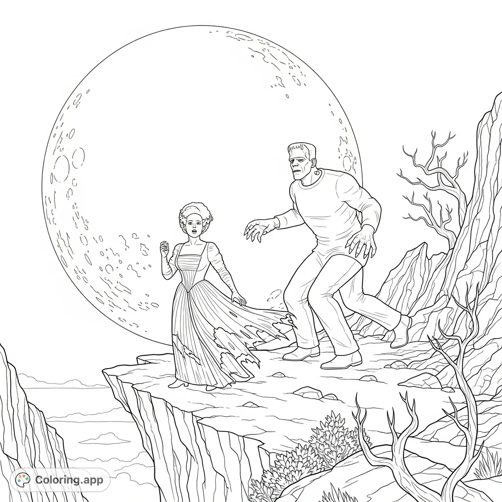 A thrilling and suspenseful coloring page featuring The Bride of Frankenstein on a cliff, pursued by the Monster under a dramatic full moon. Perfect for fans of classic horror!