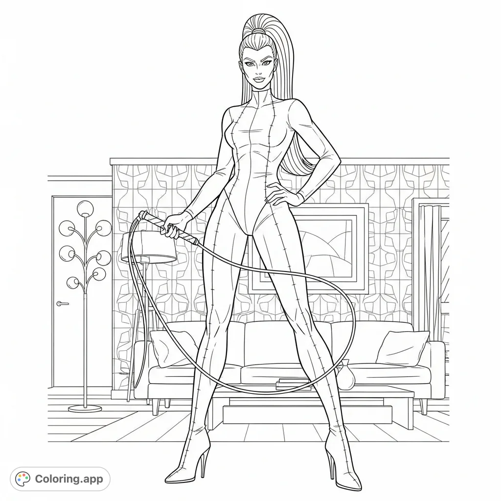 Color a striking dominatrix in a sleek catsuit, holding a whip in a retro Mod apartment. A detailed adult coloring page for experienced colorists.