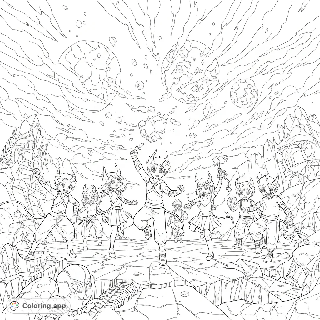 A striking apocalyptic demon coloring page featuring dynamic demon boys and girls dancing amidst a crumbling world, perfect for adult fantasy enthusiasts.