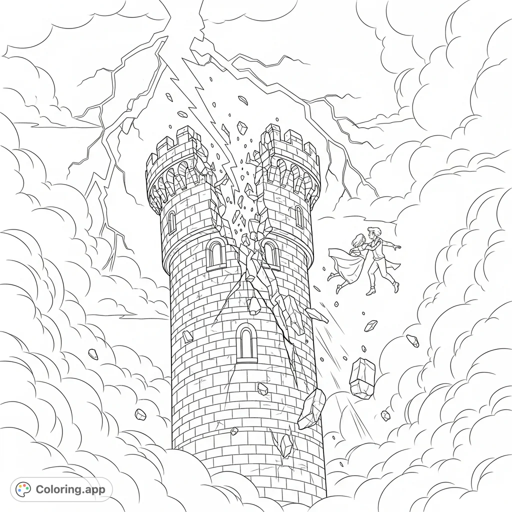Witness a dramatic medieval stone tower coloring page, struck by lightning and splitting apart, as a couple plummets amidst chaotic destruction and swirling smoke.