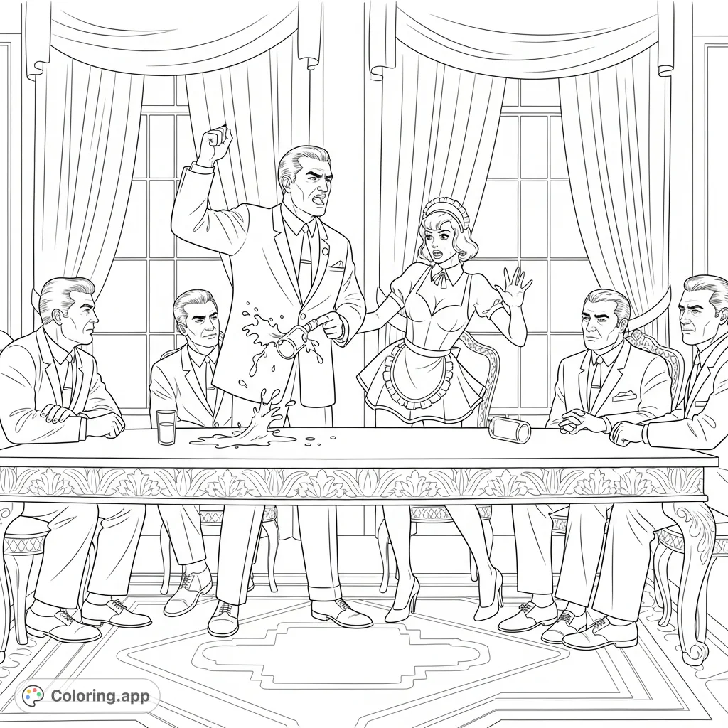 Experience a dramatic 1960s New York mobster meeting gone awry as a maid spills a drink, igniting the boss's fury. A captivating scene for adults.