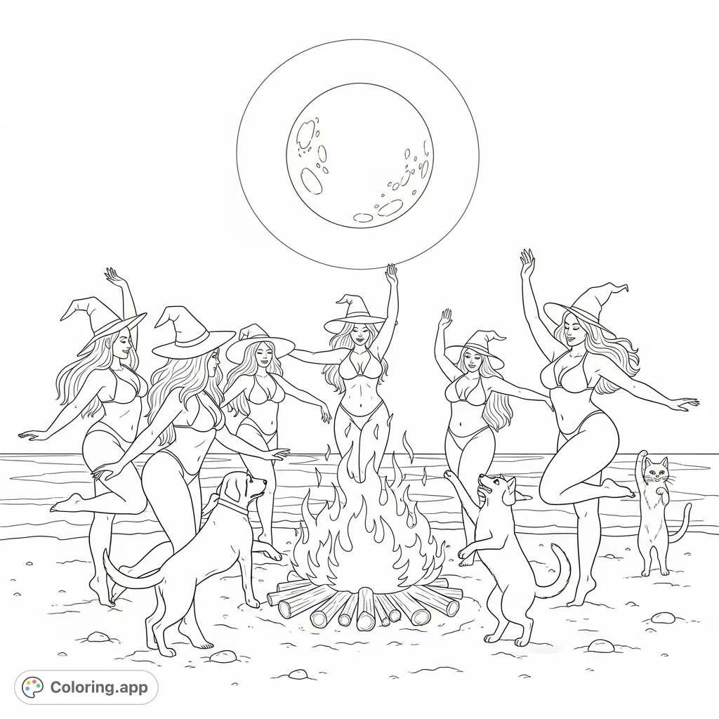 Scantily clad new age witches dance around a bonfire on a moonlit beach, celebrating with their dog and cat. A spirited, mystic beach party.