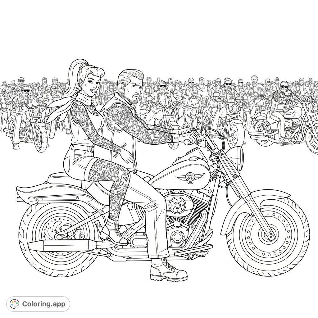 A classic 50s pinup girl rides a powerful Harley Fat Boy with her tattooed gang leader, as their motorcycle club gathers behind them for an epic journey.