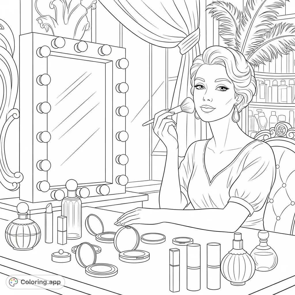 Close-up of a glamorous woman applying makeup at her ornate showgirl vanity, surrounded by luxurious details. A dazzling beauty coloring page for adults.