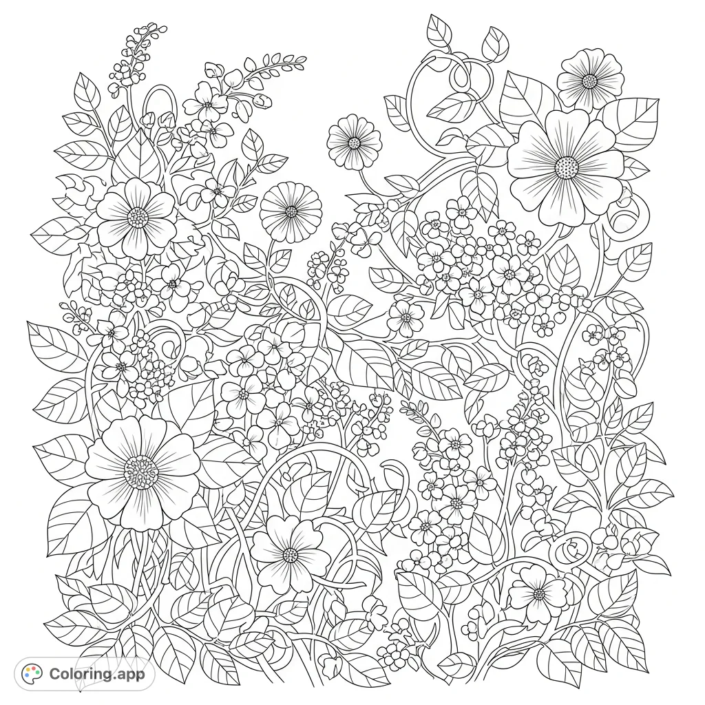 Explore a beautiful blooming garden scene filled with intricate flowers and winding vines, perfect for a relaxing nature coloring page.