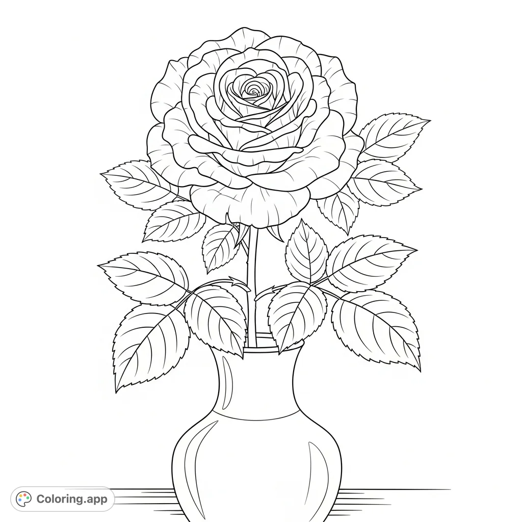 A beautiful single large rose, with lush leaves, elegantly displayed in a classic vase. Perfect for a calming floral coloring page.