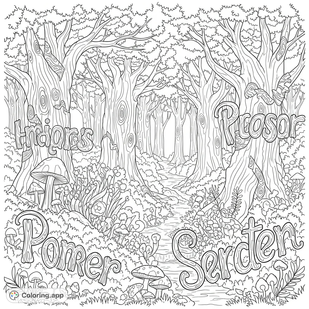 Explore a mystical enchanted forest filled with gnarled trees, whimsical plants, and decorative words. Perfect for imaginative coloring and personalization!
