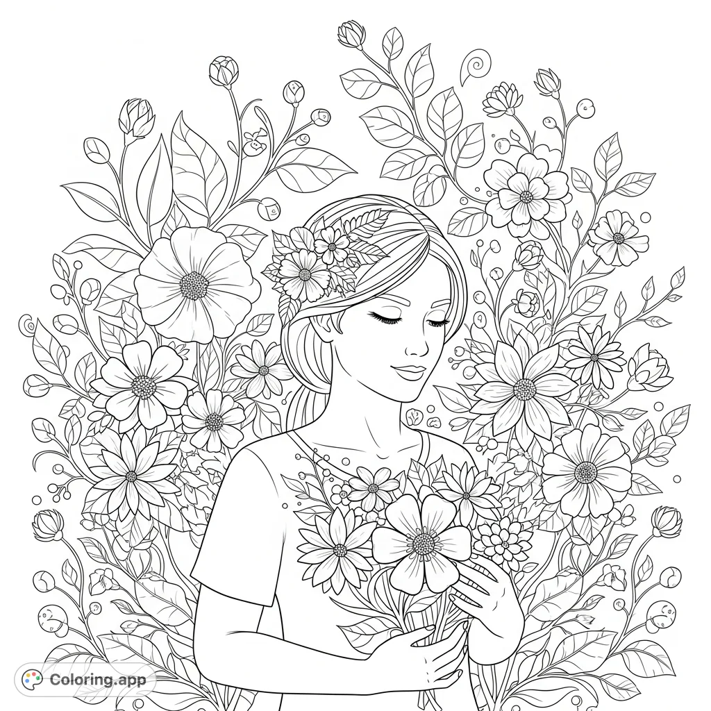 A beautiful Jessica surrounded by a vibrant array of blossoming flowers and intricate vining leaves. A perfect botanical coloring page for adults.