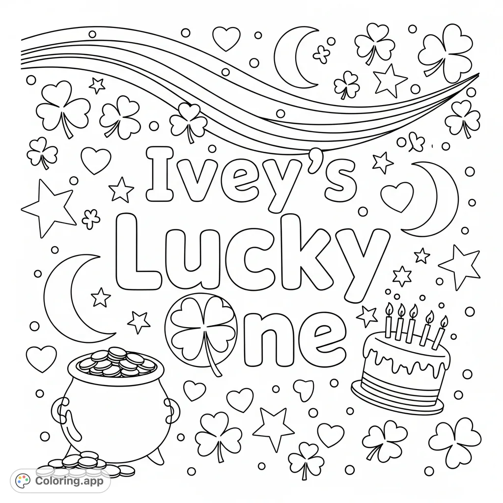 A cheerful St. Patrick's Day scene featuring "Ivey's Lucky One" with a shamrock 'o', surrounded by stars, moons, hearts, a pot of coins, and a birthday cake.