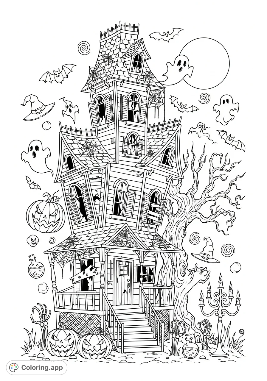 An intricately detailed spooky house surrounded by a plethora of whimsical Halloween doodles, perfect for advanced colorists seeking a festive and challenging experience.