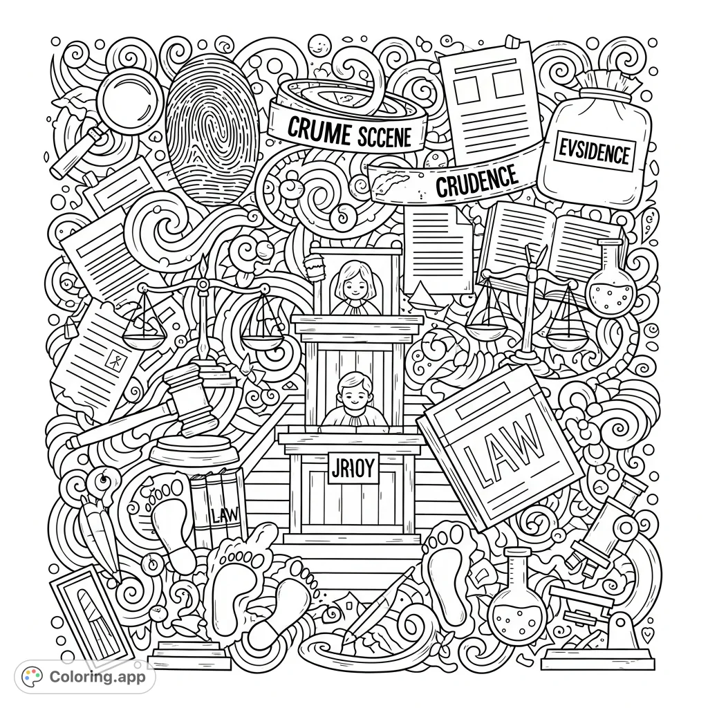 Explore a fascinating collection of true crime-themed doodles, featuring evidence, courtroom elements, and investigation tools. Perfect for enthusiasts.