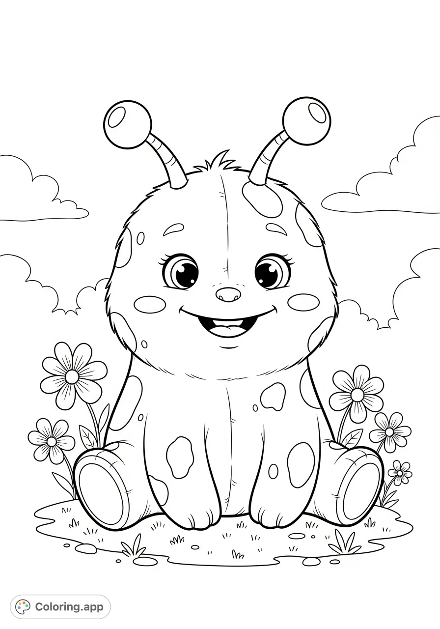Discover a charming, spotted monster coloring page with a friendly smile, large eyes, and playful antennae. Perfect for imaginative, joyful coloring!