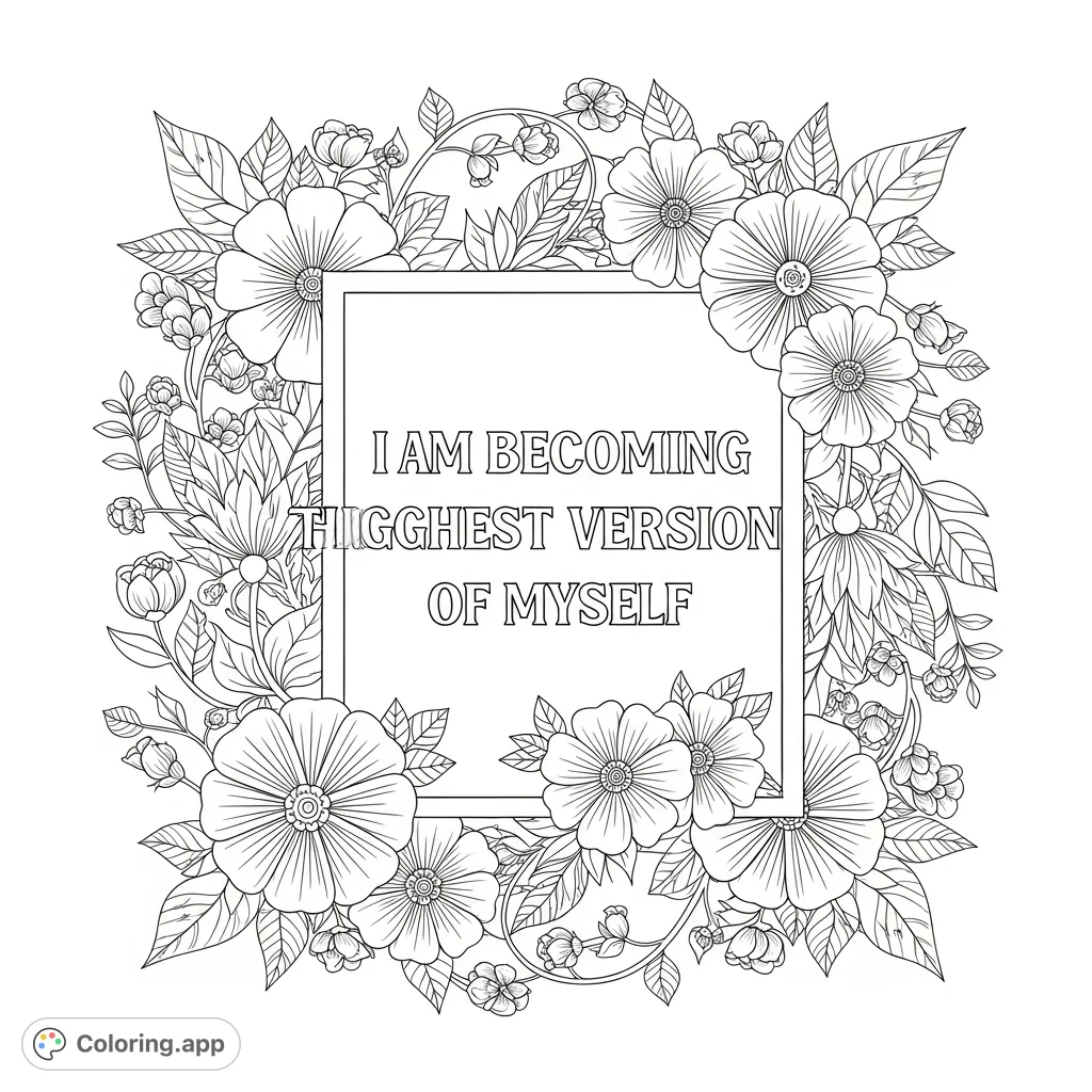 An empowering quote "I am becoming the highest version of myself" is gracefully framed by intricate, elegant floral patterns, offering a mindful coloring experience.